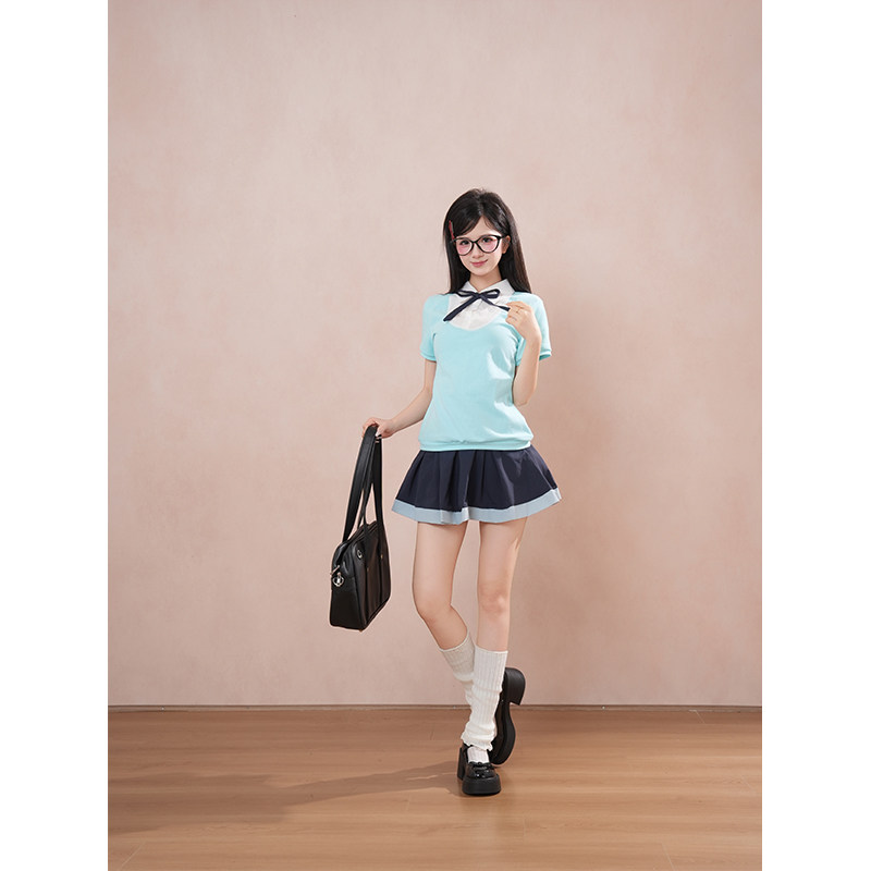 【薄荷栖风】小个子日系少女感甜美蝴蝶结假两件上衣+短裙两件套