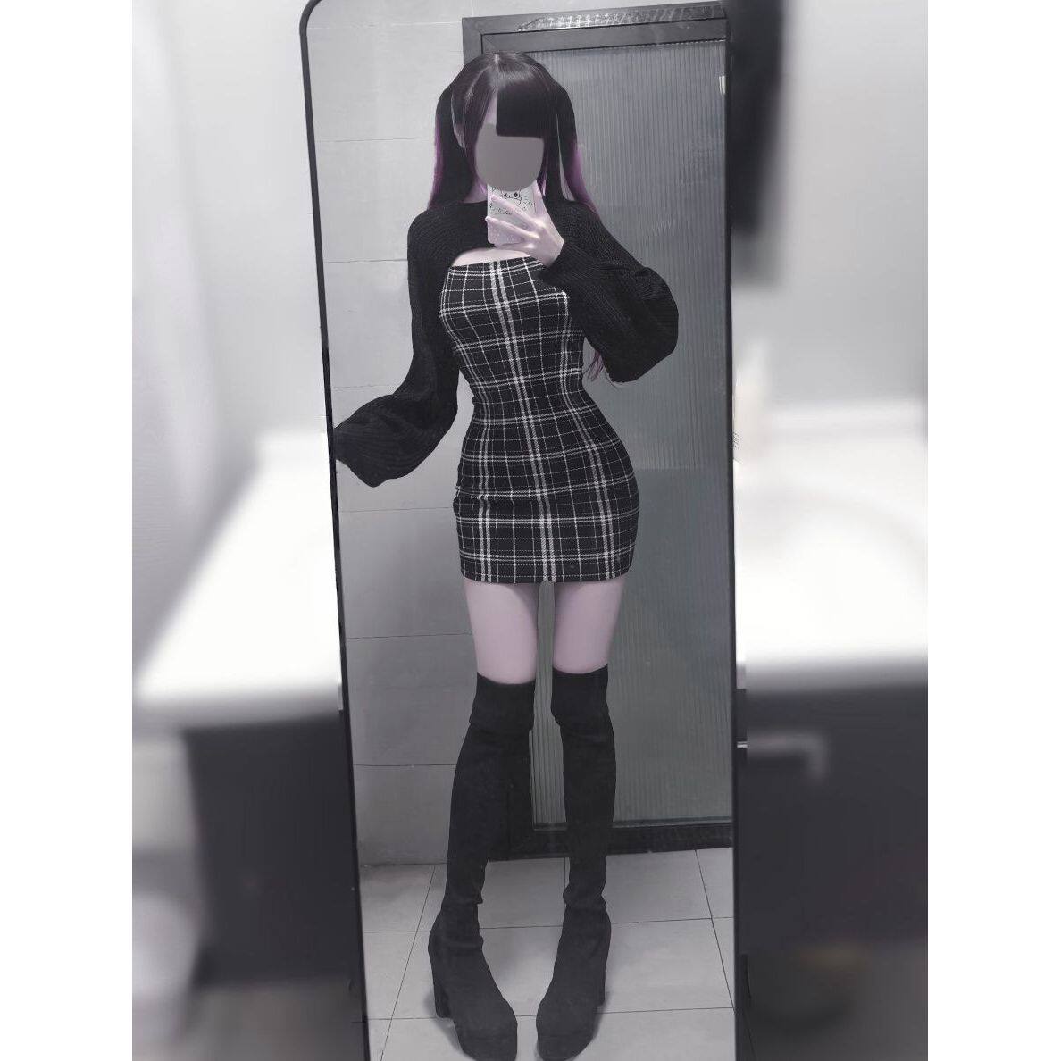 日系清楚系毛衣开衫+格纹吊带裙套装小众辣妹修身显瘦两件套新款