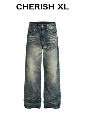 CHERISH XL【男神衣柜】直筒宽松牛仔裤男款/高级重工洗水复古