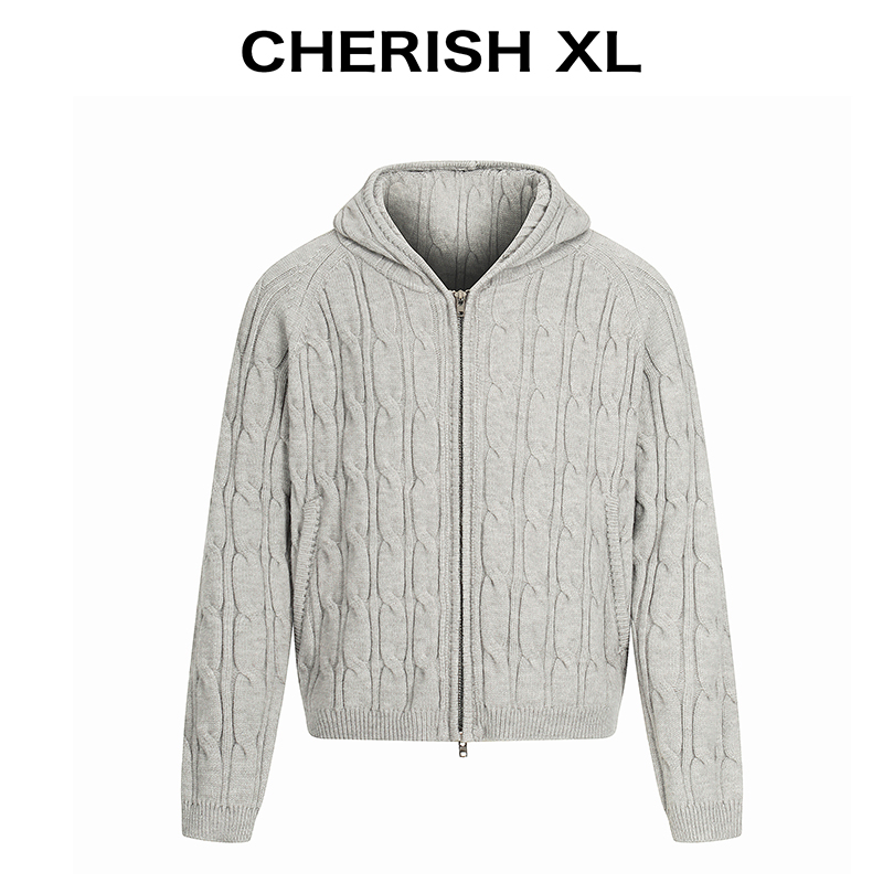 CRXL【重磅1000克】老钱风抗起球麻花连帽拉链毛衣针织衫外套男款