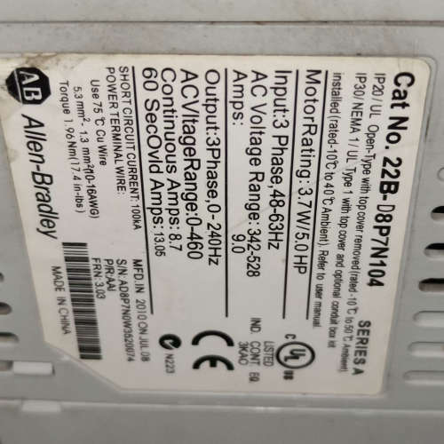 AB变频器22B-D8P7N104，3.7kw/5.0HP，议价也可维修