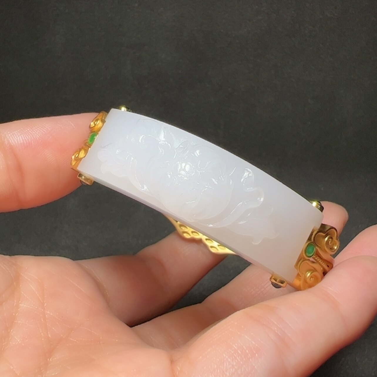 新疆和田玉白玉籽料花开富贵手镯18k金镶嵌苏工精品女款镯子