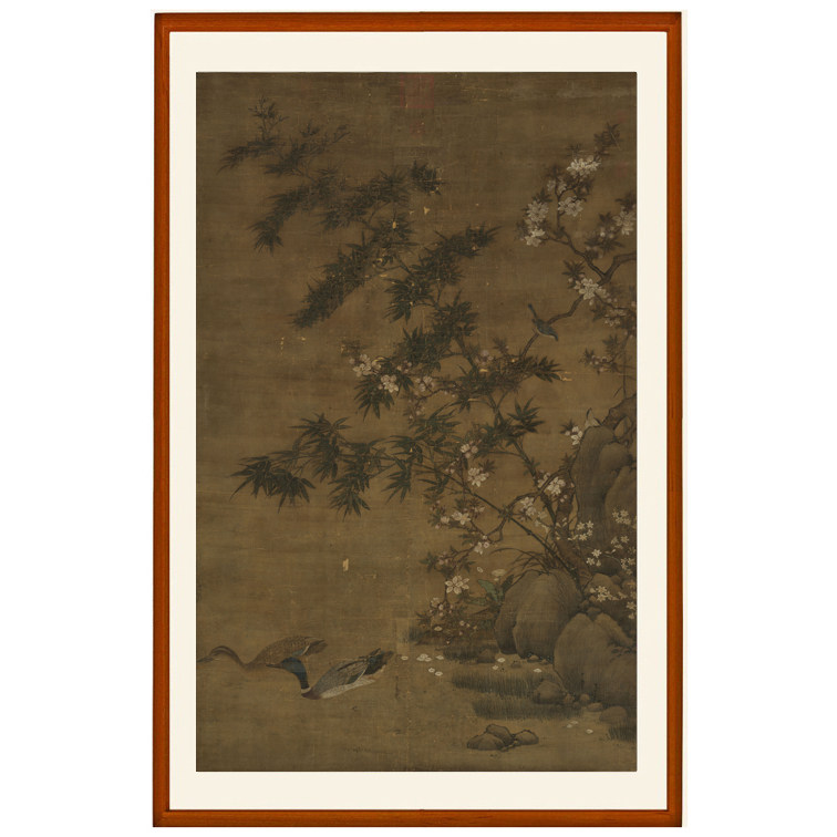 宋人花鸟画桃竹双凫图山水画挂画装饰画客厅仿古工笔画字画卷轴画
