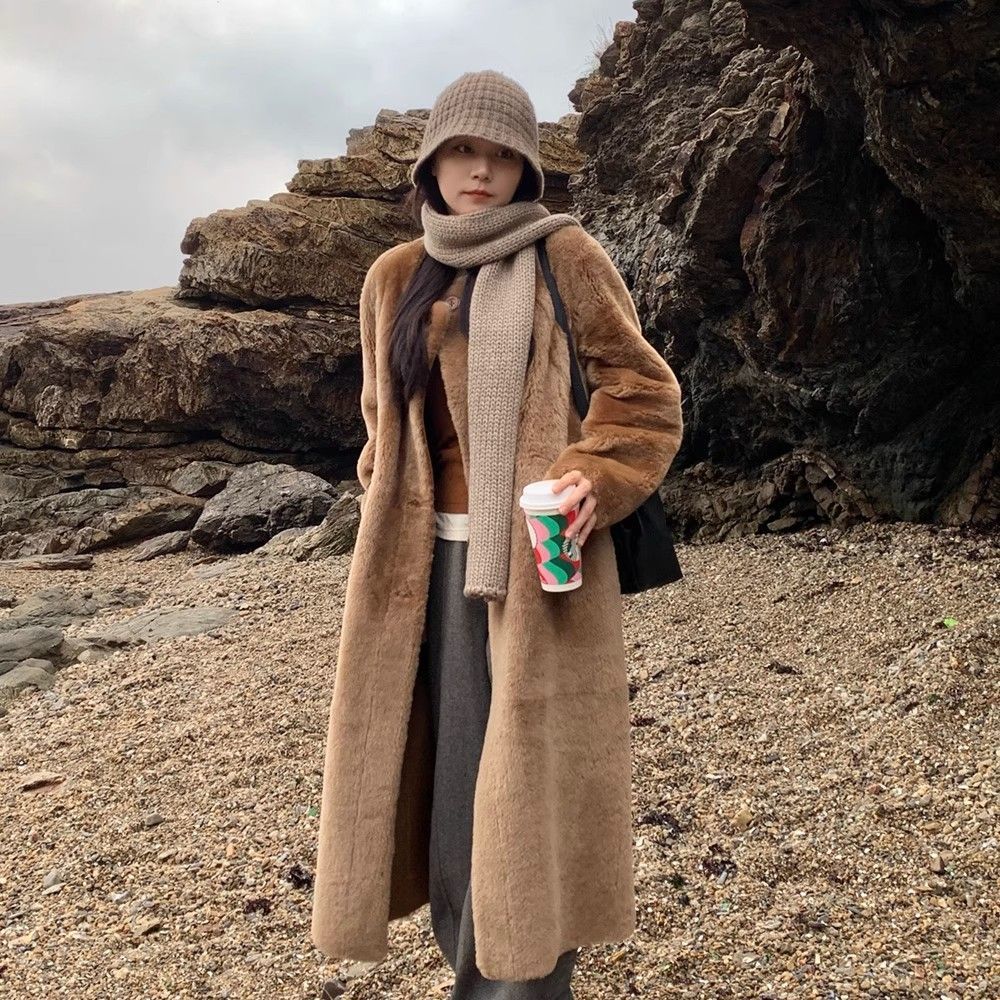 皮毛一体长款大衣皮草毛毛外套女