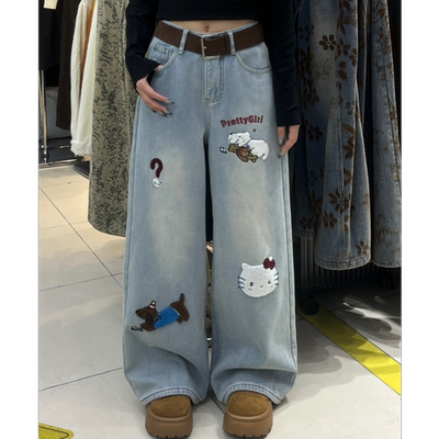 印花高腰牛仔裤宽松破洞阔腿裤常规蓝色秋冬女刺绣63105