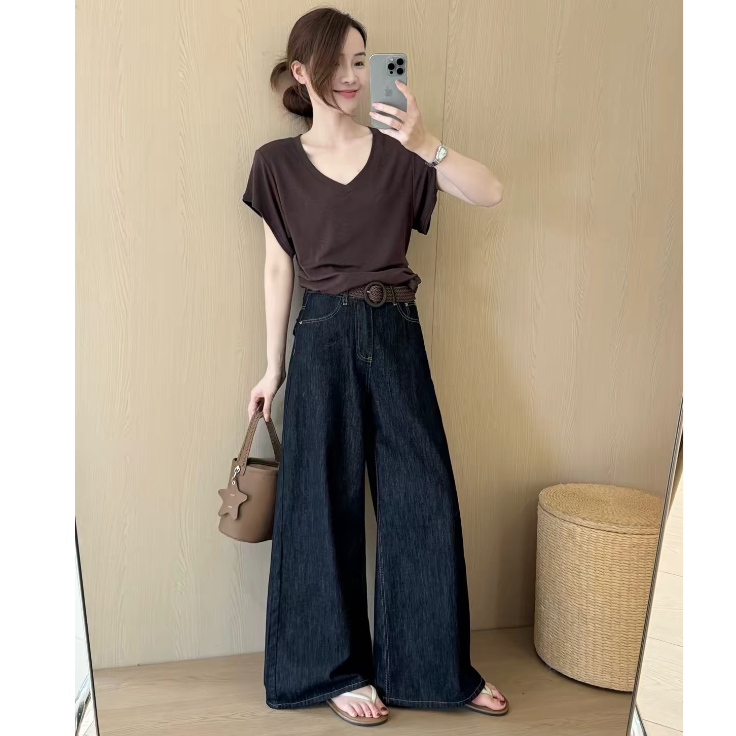 复古丹宁蓝百搭阔腿牛仔裤女休闲长裤55397