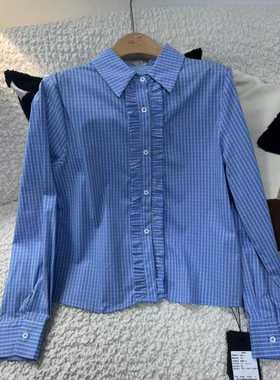 原创设计法式蓝色格纹百搭长袖衬衫女春季外穿上衣0509-2