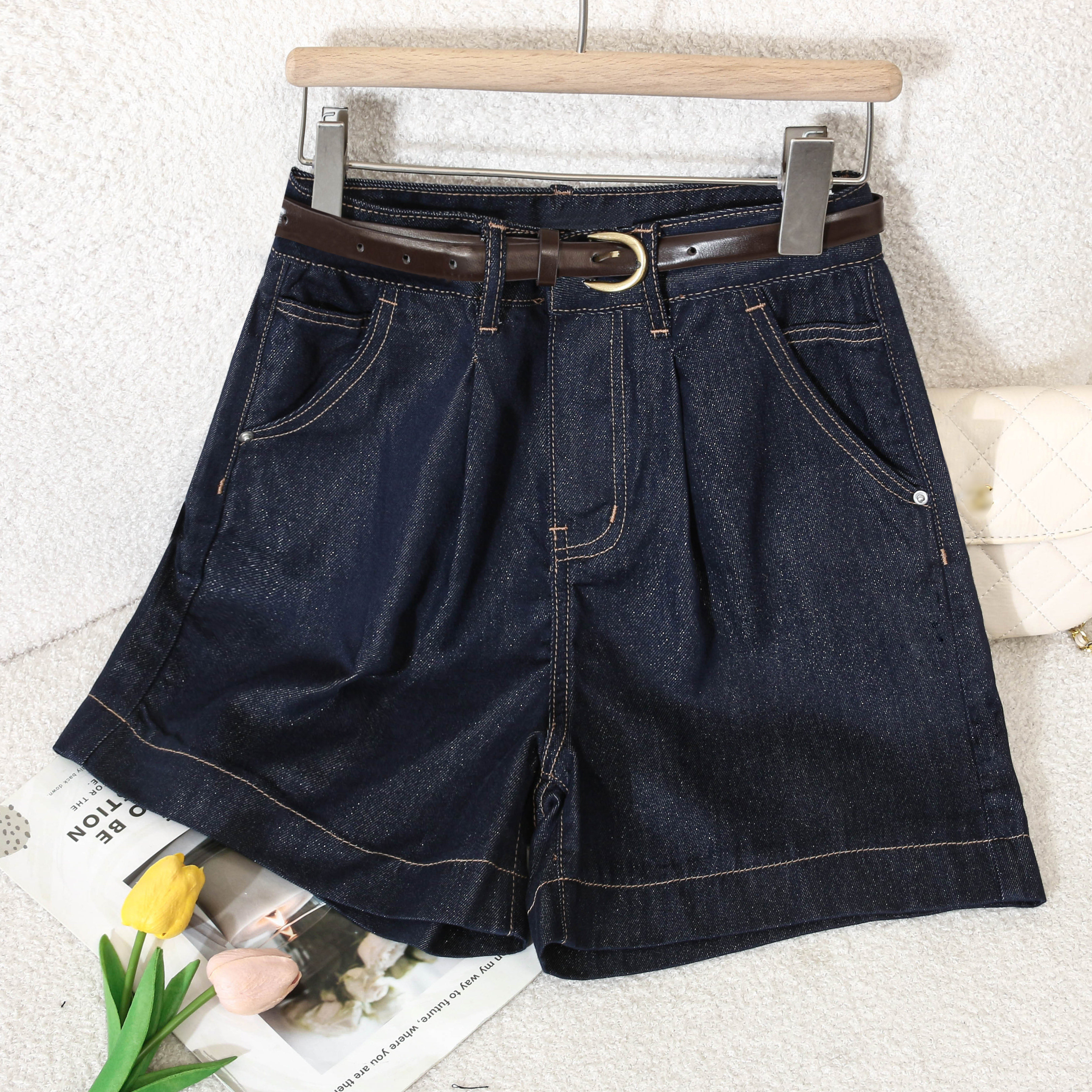 宁熙ec原创高级气质百搭系扣褶皱宽松牛仔短裤配腰带v15002