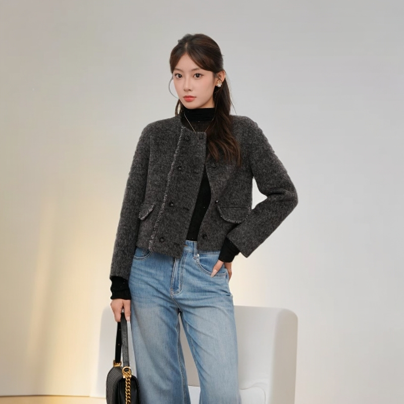 上衣长袖休闲女装毛呢外套标准型冬季透气小香风短款DY8819