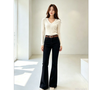 高腰显瘦百搭复古弹力微喇牛仔裤女休闲长裤NZK8530