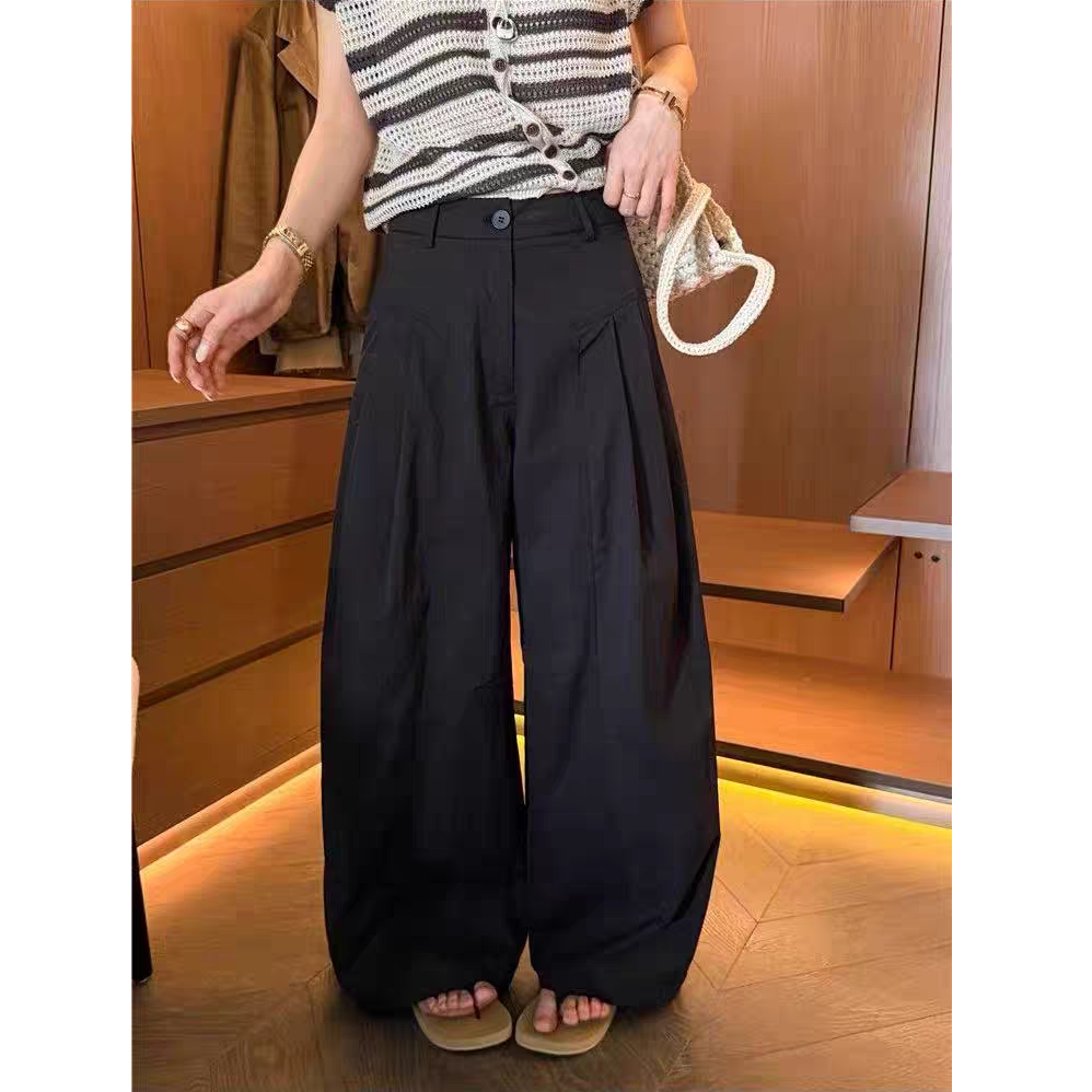 宽松显瘦女高腰休闲阔腿压褶裤9762