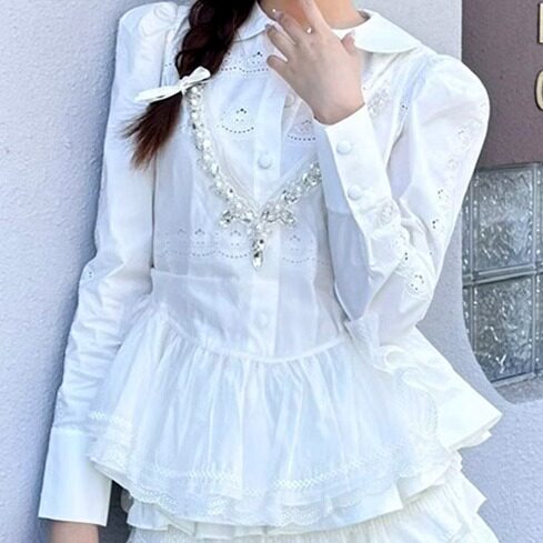 时尚气质百搭两件式宫廷钉珠长袖上衣/蓬蓬短裙套装GZJ68207