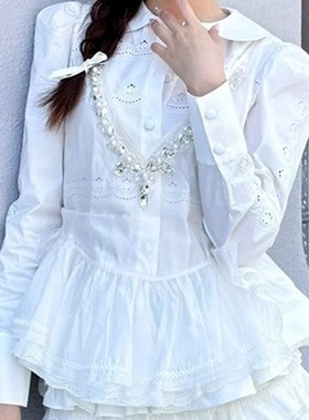 拉家时尚气质百搭两件式宫廷钉珠长袖上衣/蓬蓬短裙套装GZJ68207