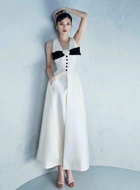 越南小众法式简约蝴蝶结V领连衣裙生日宴会礼服GXBHES22048