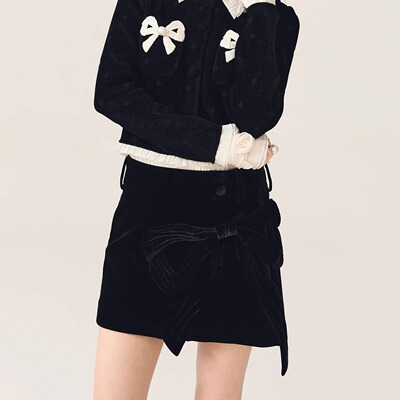 拉家2025冬季新款时尚手工大蝴蝶结A摆廓形丝绒短裙半裙GZJQ68260