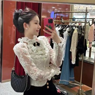 法式宫廷风修身蕾丝蝴蝶结打底内搭衬衫上衣GFC2310193