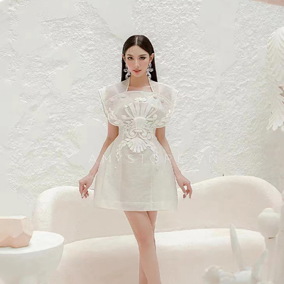 越南小众设计师立体剪裁修身收腰A字连衣短裙GQW230268