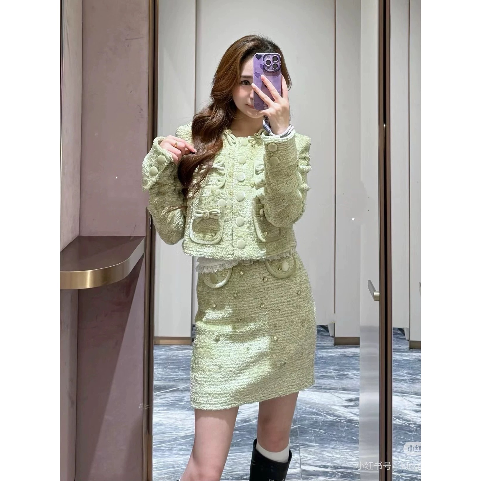 拉拉家钉珠蝴蝶结装饰开衫外套/半身裙套装GZJ68111