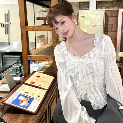 法式维多利亚蕾丝褶皱拼接设计感甜美长袖衬衫上衣GZJ68150