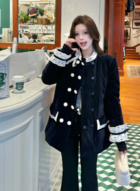 拉拉家冬季藏蓝色复古宫廷风刺绣花边丝绒加厚外套女GZJ68090