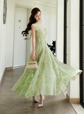 越南小众设计师重工蕾丝无袖收腰气质大摆礼服连衣裙子GZJ68170