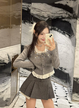 拉拉家2025冬季新款学院风钉珠亮片蕾丝拼接针织开衫上衣GZJ68249