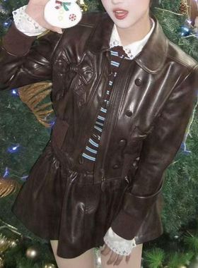 拉拉家2026早春新款复古蝴蝶结皮衣夹克外套/半裙套装GFC250201