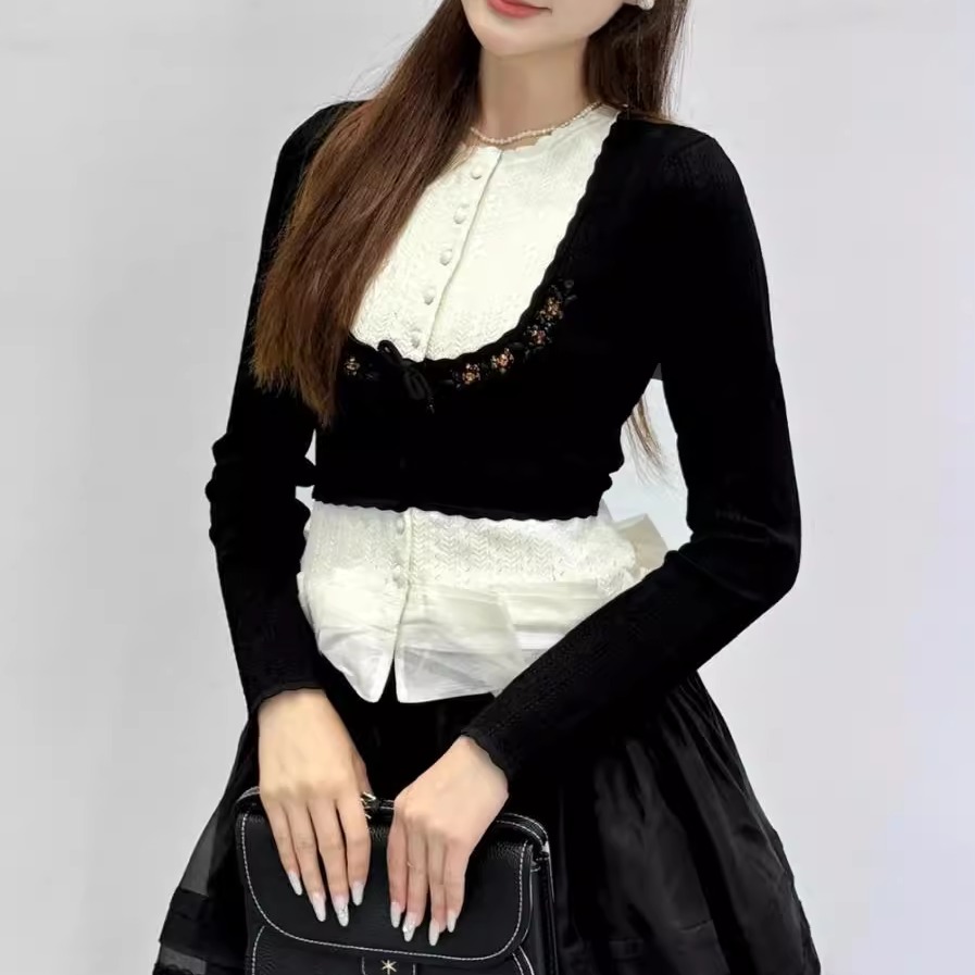 拉家25秋季新款时尚气质百搭撞色钉珠针织长袖开衫上衣GFC25536