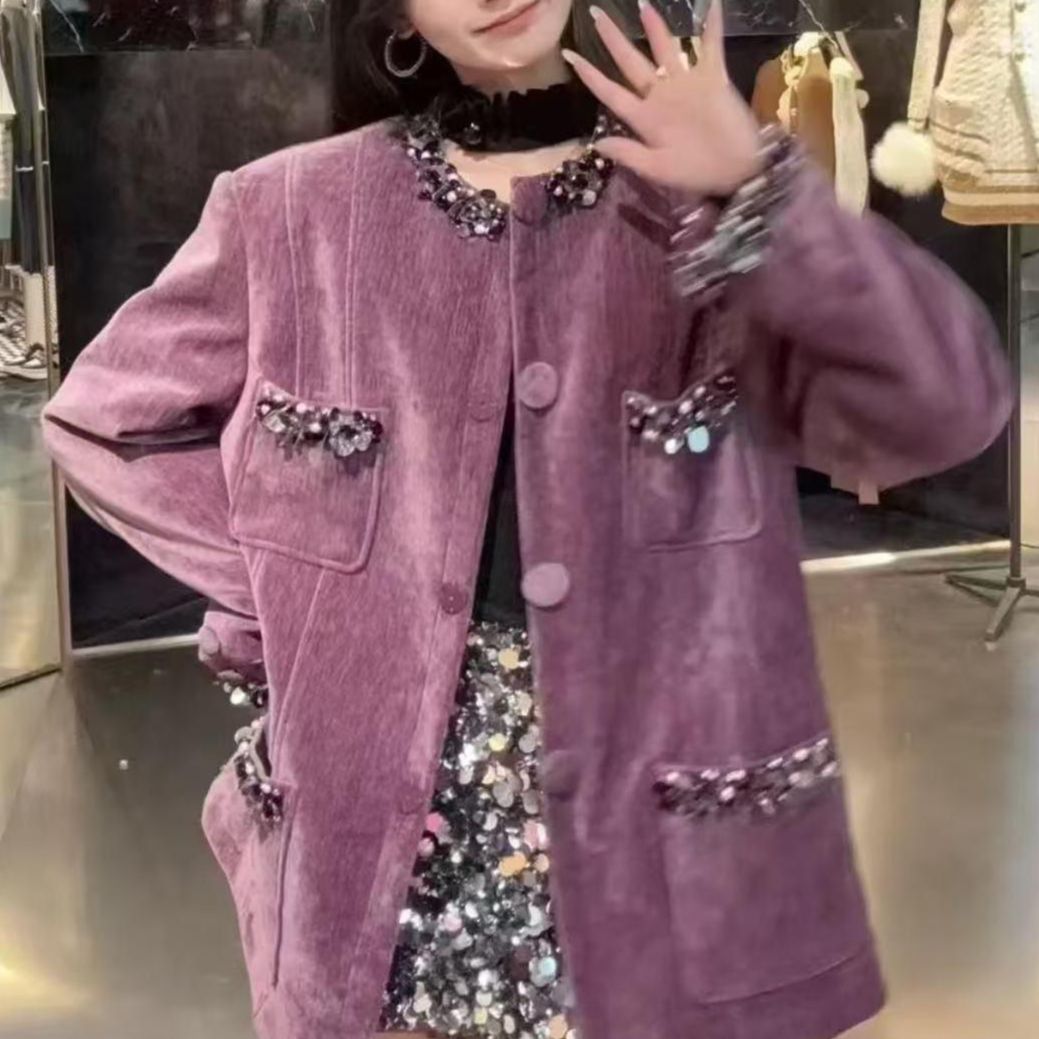 拉拉家冬季新款丝绒重工边饰宽松H型廓形加厚外套女GZJ68102