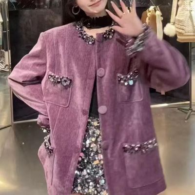 拉拉家冬季新款丝绒重工边饰宽松H型廓形加厚外套女GZJ68102