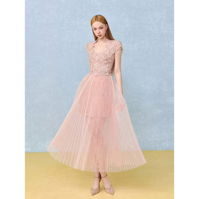 越南小众设计师夏季新款蕾丝刺绣高腰修身网纱百褶连衣裙GSEN6079