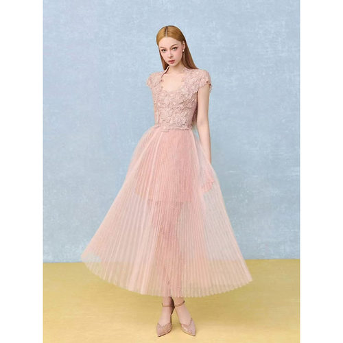 越南小众设计师夏季新款蕾丝刺绣高腰修身网纱百褶连衣裙GSEN6079