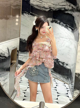 拉拉家2025夏季新款洋气减龄褶皱不规则背心吊带上衣GFC25332