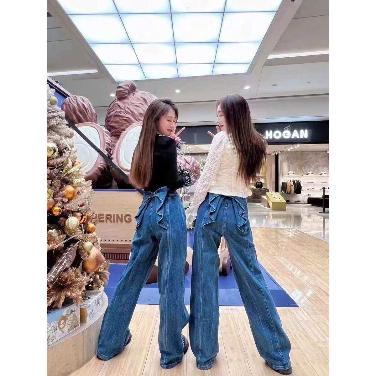 刘亦菲同款 复古港风后背蝴蝶结牛仔裤喇叭裤长裤GQW67976