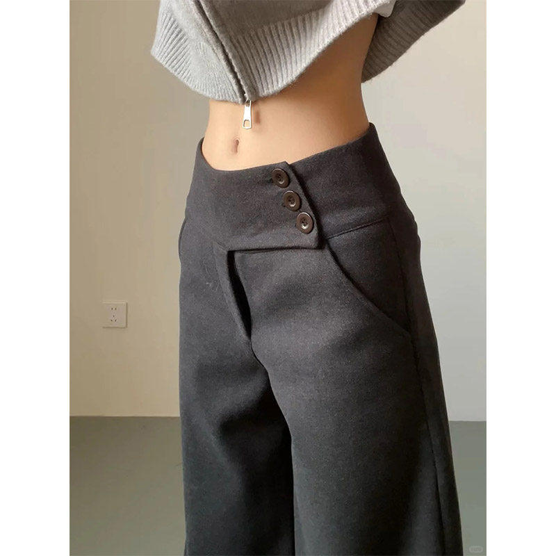 深灰色毛呢阔腿裤女秋冬2025新款钮扣低腰垂感显瘦休闲直筒西装裤