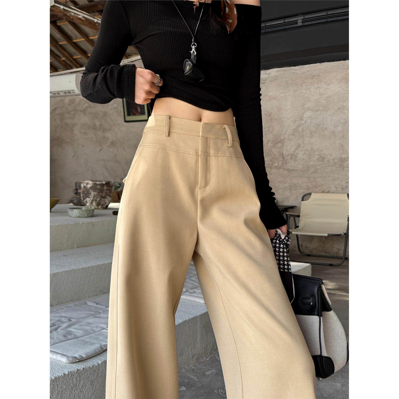 卡其色羊毛阔腿裤女2025春秋季新款高腰垂感西装裤宽松休闲直筒裤