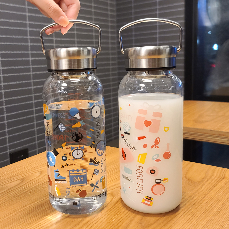家用便携1000ml大容量玻璃杯男女大号水壶学生夏季水杯可爱耐高温