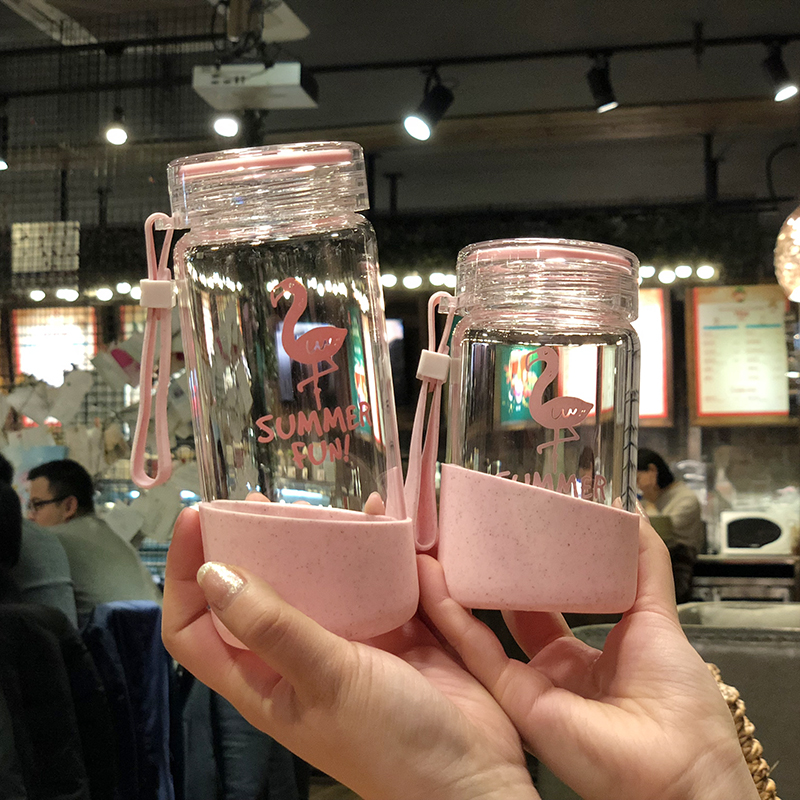 水杯女学生韩国清新可爱玻璃杯便携随手杯子少女心创意潮流火烈鸟