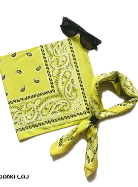 Paisley图案方巾摇滚黑色边荧光黄色手帕头巾户外不褪色棉质面料