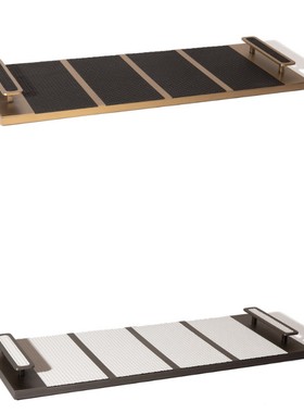 现代简约高端编织皮革金属托盘带把手酒店餐厅家居收纳盘装饰