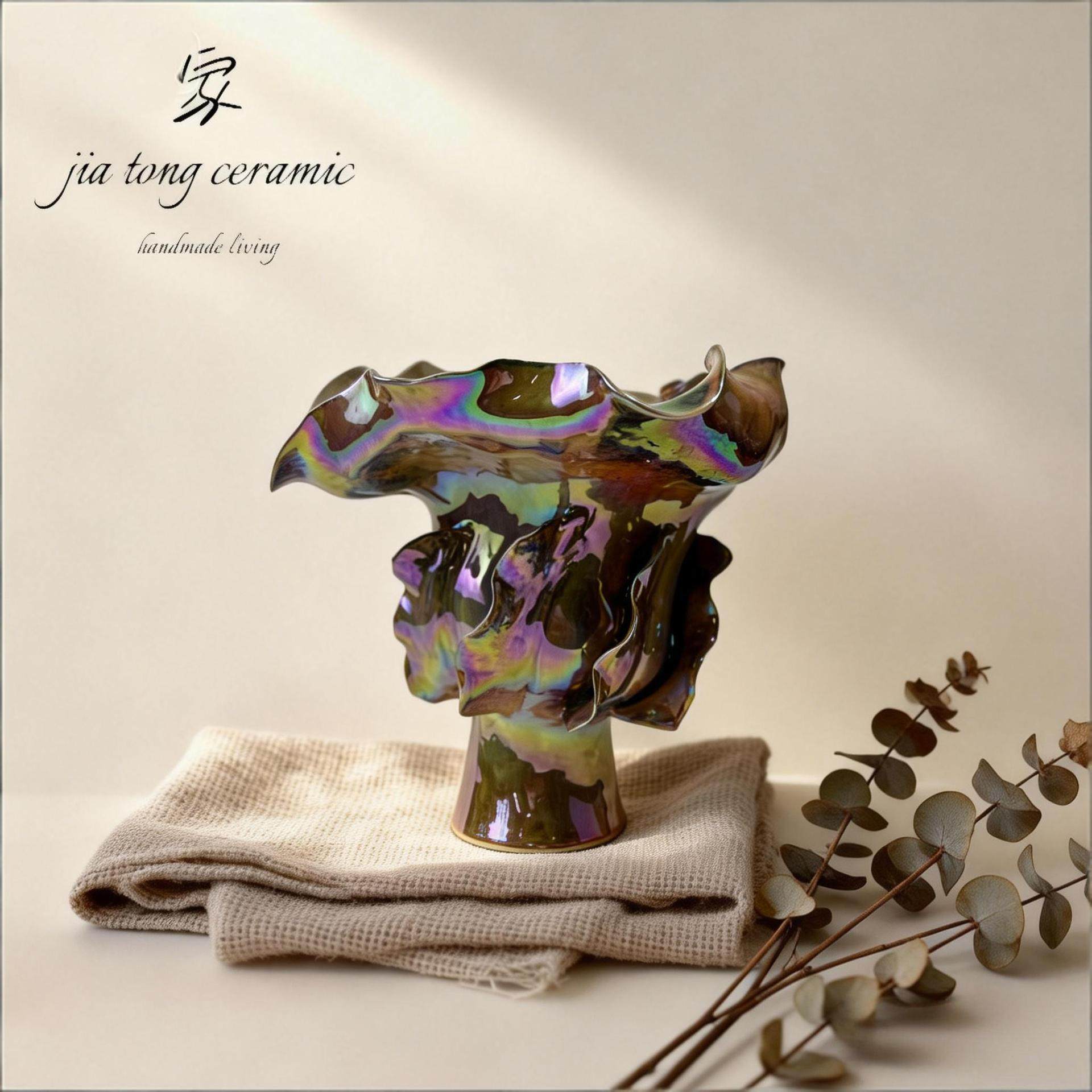 中古风陶瓷花瓶民宿茶室艺术摆设展厅售楼部异形双耳花器高档摆件,家居饰品,花瓶,淘宝优惠券,粉丝福利购,淘宝优惠卷