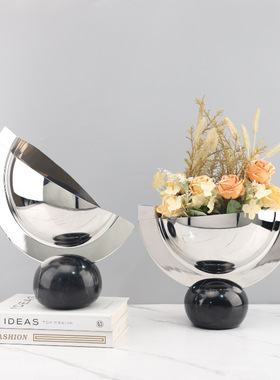 现代简约几何大理石底座不锈钢镜面花器装饰摆件玄关客厅