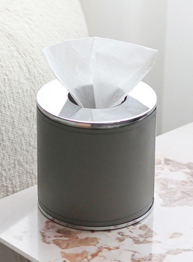 轻奢高级感皮革圆形纸巾盒摆件样板房酒店客厅卧室桌面抽纸盒饰品