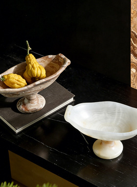 侘寂风中古高脚果盘洞石摆件新中式家居样板房桌面收纳软装饰品