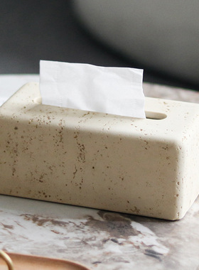 侘寂风纸巾盒客厅茶几高档轻奢摆件创意样板间仿洞石抽纸盒