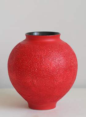 肌理大红色陶瓷花瓶新中式花瓶家居装饰摆件客厅茶室插花器