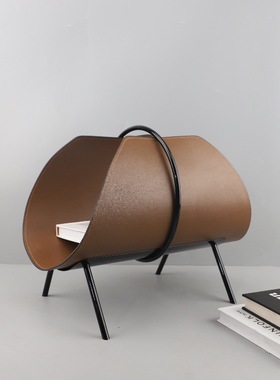 现代极简金属皮革卷筒书架杂志架书房卧室客厅样板间软装家居饰品