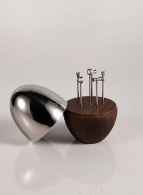 现代北欧创意胡桃木不锈钢水果签ins风轻奢水果叉鸡尾酒签装饰