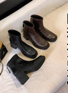 小个子厚底高跟小码短靴女32.33.34码粗跟瘦瘦靴后拉链百搭骑士靴