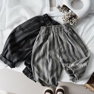 2026春新款儿童复古宽松休闲裤萝卜裤子男女宝宝竖条纹棉麻长裤